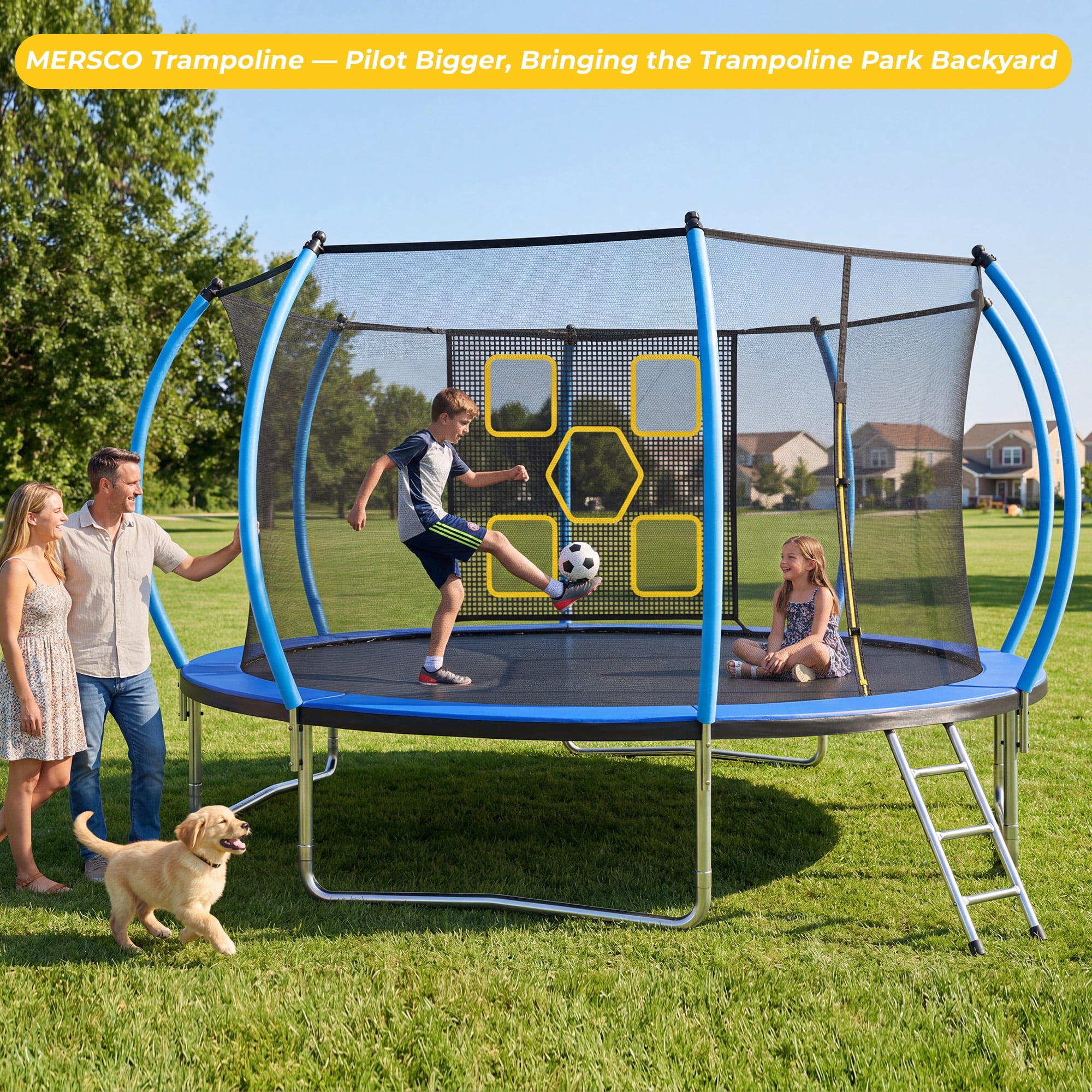 Mersco 12FT/14FT Trampoline for Kids with Mulifunctional Target Cloth,Outdoor Recreational Trampolines with Enclosure Net ,Ladder,Jumping Trampoline Space for Birthday Festival Gifts,Blue
