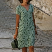 Moxiu Fall Dresses for Women 2022 Short Sleeve Round Neck Dress Boho Print Dresses A Line Loose Fit Mother of The Bride Dresses