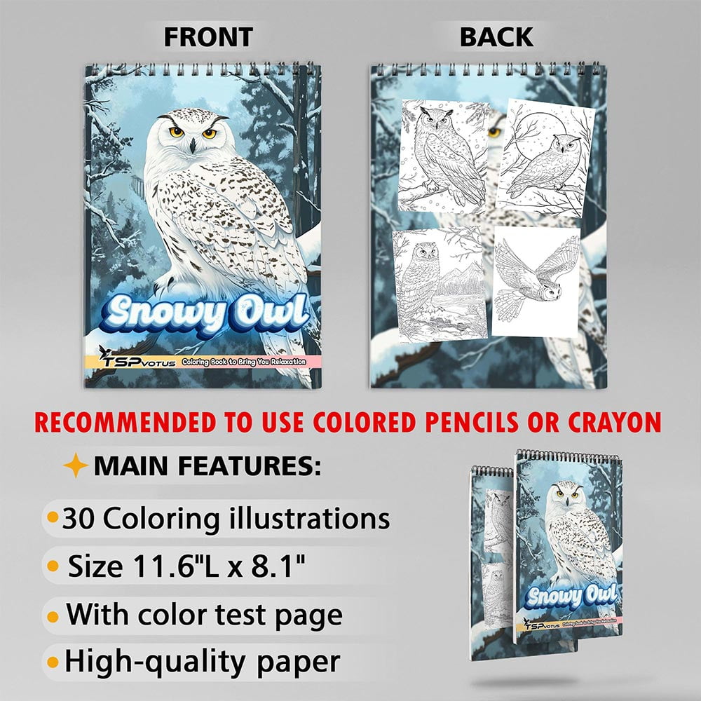 TSPVOTUS Snowy Owl Coloring Book for Adult, Spiral Bound, Soft Cover