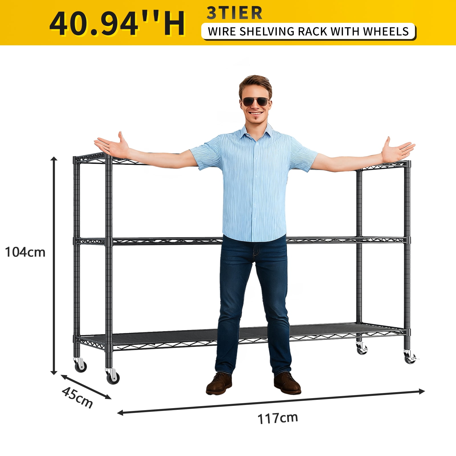 Ktaxon 3-Tier Heavy Duty Wire Shelf Rack with Wheels, 46" W x 18" D x 41" H 2000 LBS Storage Shelving Unit, Adjustable Black