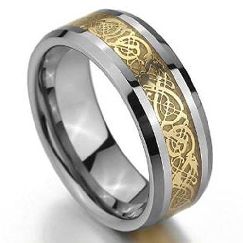 8mm Tungsten Carbide Beveled Edge Celtic Knot Dragon over Yellow Inlay ...