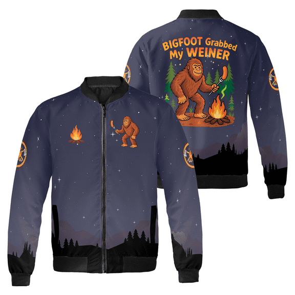 Funny Bigfoot Camping Bomber Jacket – Bigfoot Grabbed My Weiner Joke Jacket for Men & Women