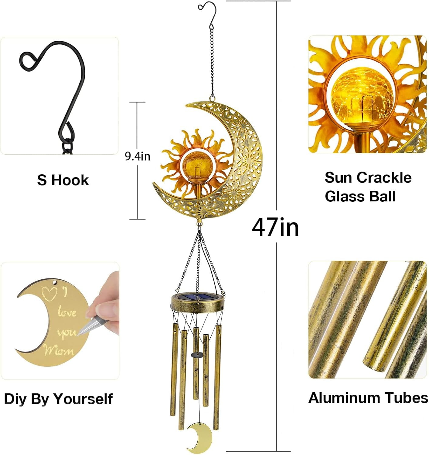 JYPS Sun Moon Solar Wind Chimes, 47-Inch Large Waterproof Windchimes for Outside with Glowing Crackle Glass Ball, Garden Patio Yard Decor Mother's Day Birthday Unique Gifts for Women Mom Grandma Wife