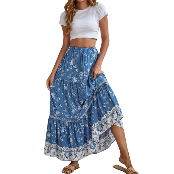 Skirts for Women Summer Relaxed Fit Color Block Soft 2026 Elastic High Waist Chiffon Flowy Skirts with Pockets