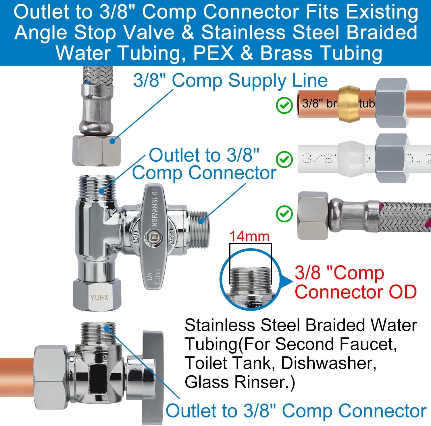 PXZBLG Tee Stop Valve 3/8” X 3/8” X 1/4” – Brass Shut-Off Adapter For Reverse Osmosis, Ice Makers, Refrigerators & Water Filters