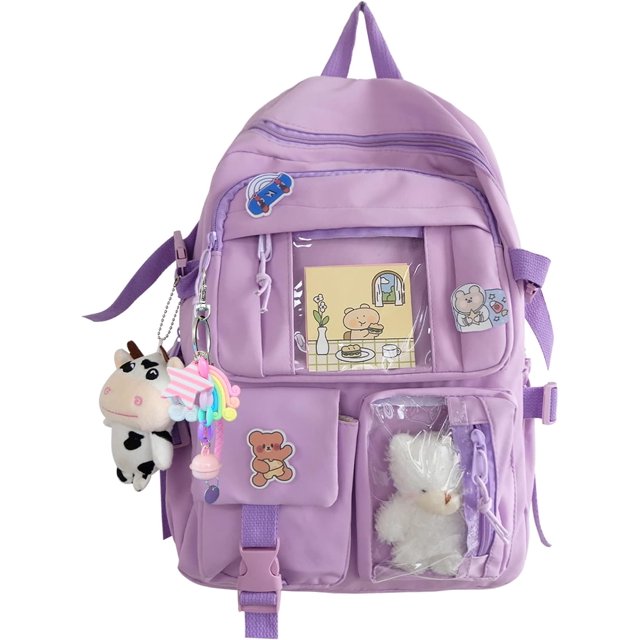 Mochila Kawaii con lindo oso de peluche, accesorios con alfileres Kawaii, mochilas escolares estéticas de gran capacidad, linda mochila para niñas y adolescentes (morado)