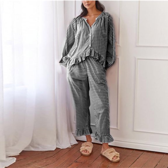 Heisall Women's Two Piece Lounge Sets V Neck Long Sleeve Hoodie Tops and Pants Polka Printed Fall Outfits