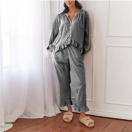 Women Loungewear 2 Piece Set V Neck Button Down Puff Sleeve Tops Elastic Waist Pants Ruffled Hem Plaid Comfy Pajamas (M Black)