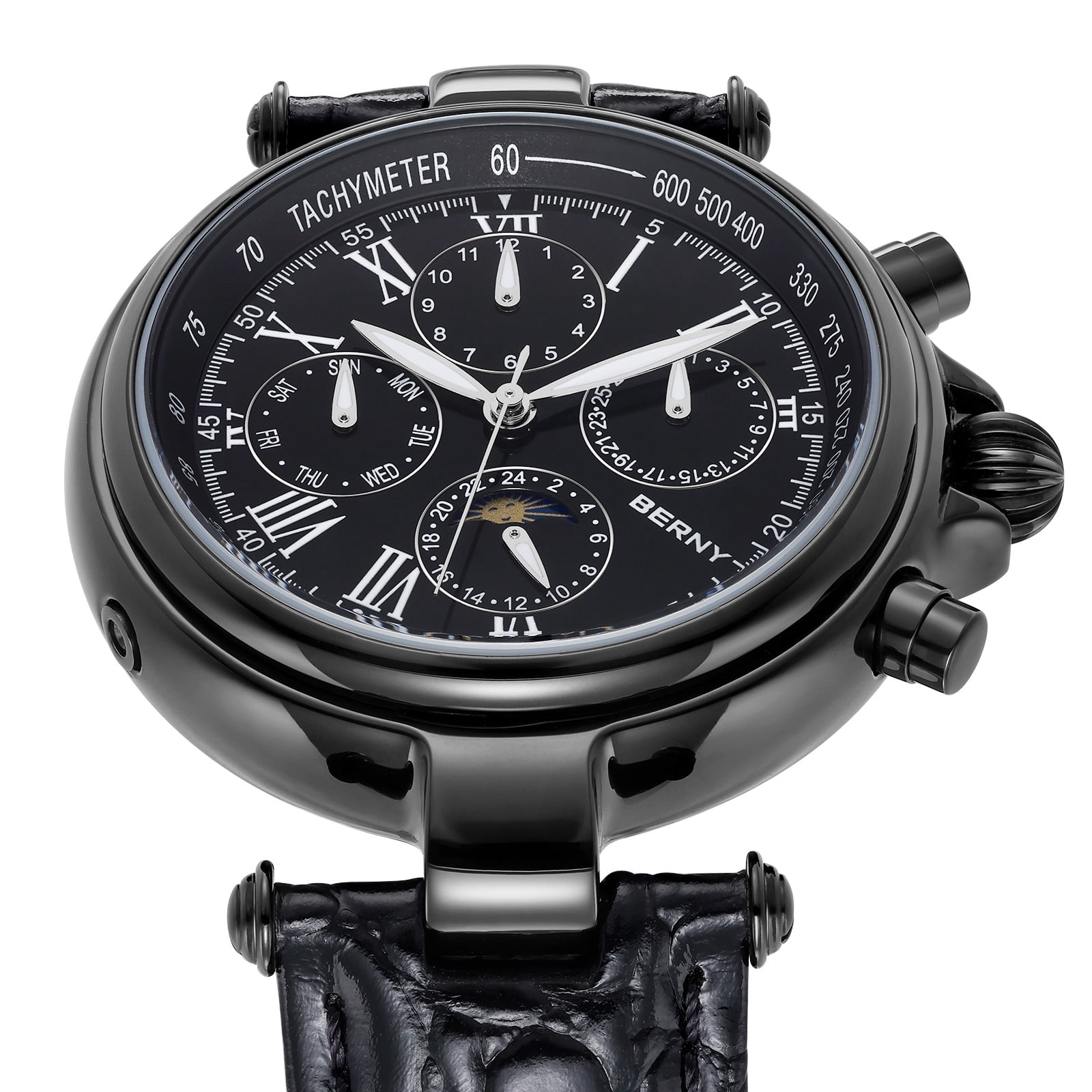 BERNY Automatic Watch for Men Classic Mechanical Self Winding Wristwatch 3ATM Waterproof Multi-Functional Dials Date, Week, Month and Moon Phase
