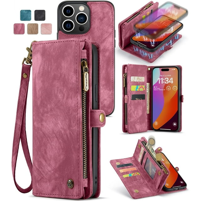 For iPhone 15 Pro Max Wallet Case,Zipper Folio Leather Case Wallet with Card Holder,Strap Wristlet,Detachable Magnetic Protective Back Case for iPhone 15 Pro Max 5G 6.7 Inch
