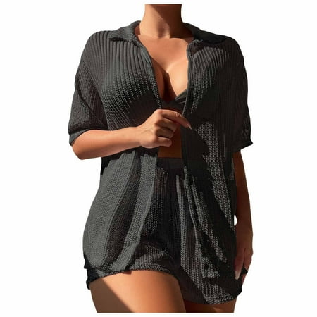 Celivon Womens Swimsuit Cover Up Cover Ups Set Short Sleeve Open Front Kimono Coverup With Shorts Pool Party Wear