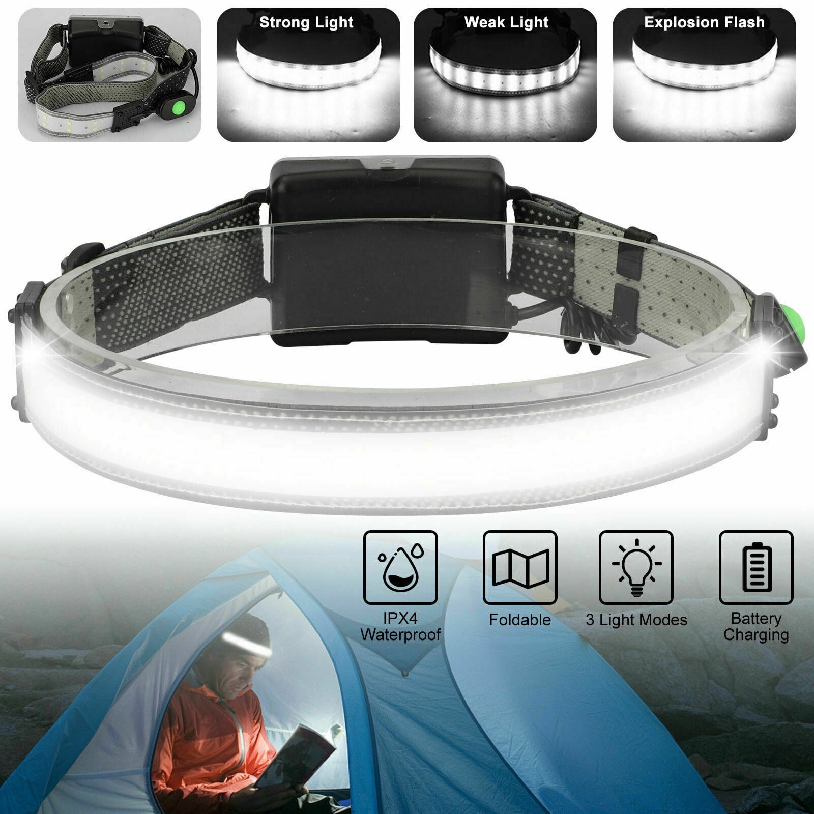3 Modes 6 LED Adjustable Headband Light Camping Walking Hands Safety Torch 