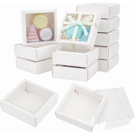 20Pcs Clear Square Paper Boxes with Clear PVC Window 3.3×3.3×1.3Inches Paper Gift Packaging Box for Wedding Favor Festival Gift Chocolates Cookies Small Crafts White