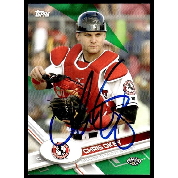 2017 Topps Pro Debut Green Chris Okey Auto 43/99 Billings Mustangs #130 Baseball Card Autographed Baseball Trading Card