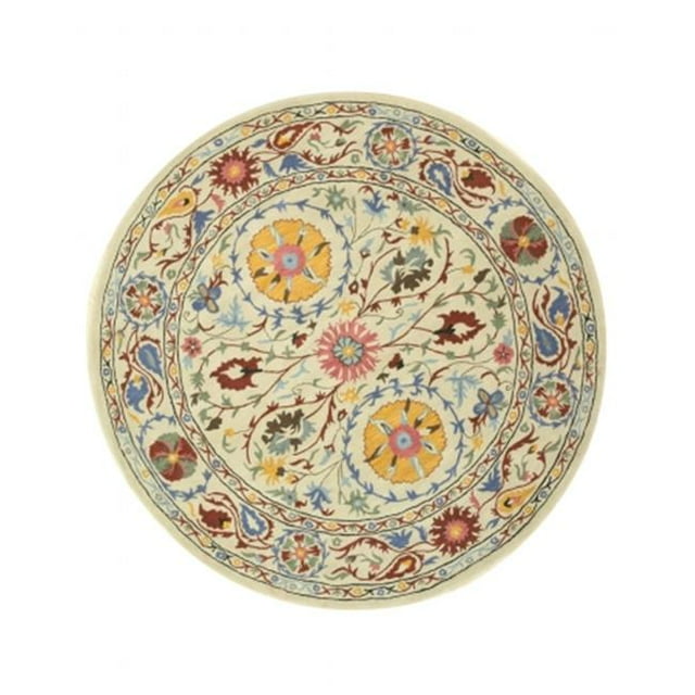 EORC IE62IV8X8R Tapis Floral Transitionnel en Laine Tufté à la Main 7 Pi. 9 Ivoire - Rond