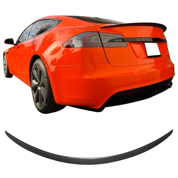 Ikon Motorsports Trunk Spoiler Compatible With 2012-2023 Tesla S OE Style Dry Carbon Fiber DCF Gloss Black Car Exterior Rear Trunk Spoiler Wing Tail Roof Top Lid