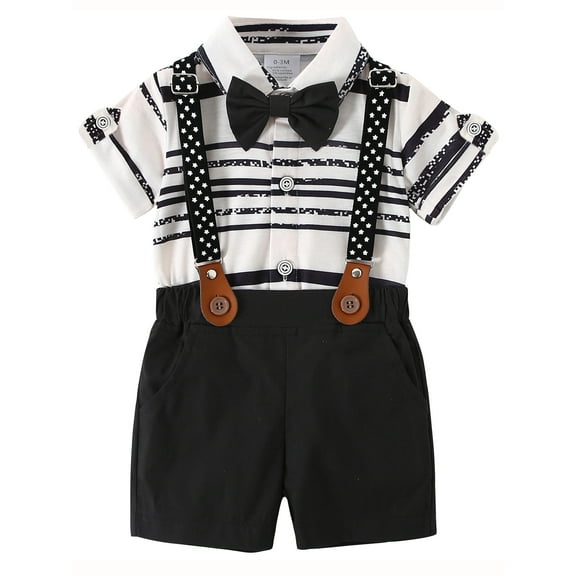 CARETOO Baby Boy Clothes Suits Formal Shirt Striped Shorts Suspender Pants 0-18 Months Cotton Fabric