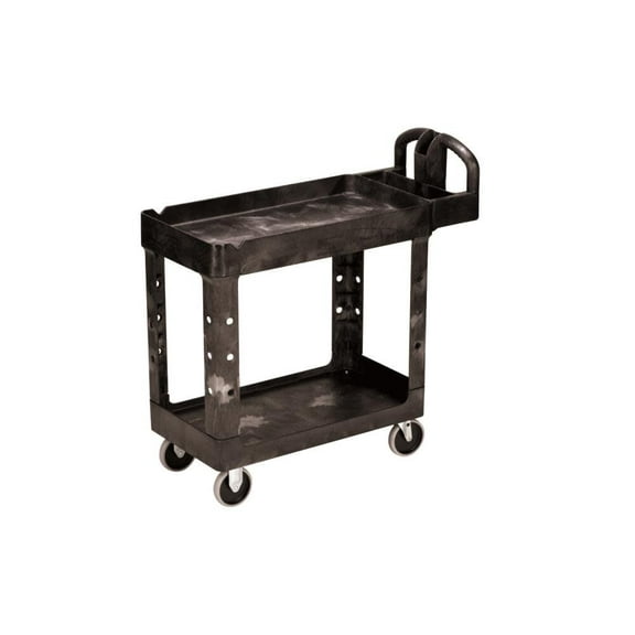 Rubbermaid Commercial Heavy-Duty Utility Cart with Lipped Shelves, Plastic, 2 Shelves, 500 lb Capacity, 17.13" x 38.5" x 38.88", Black