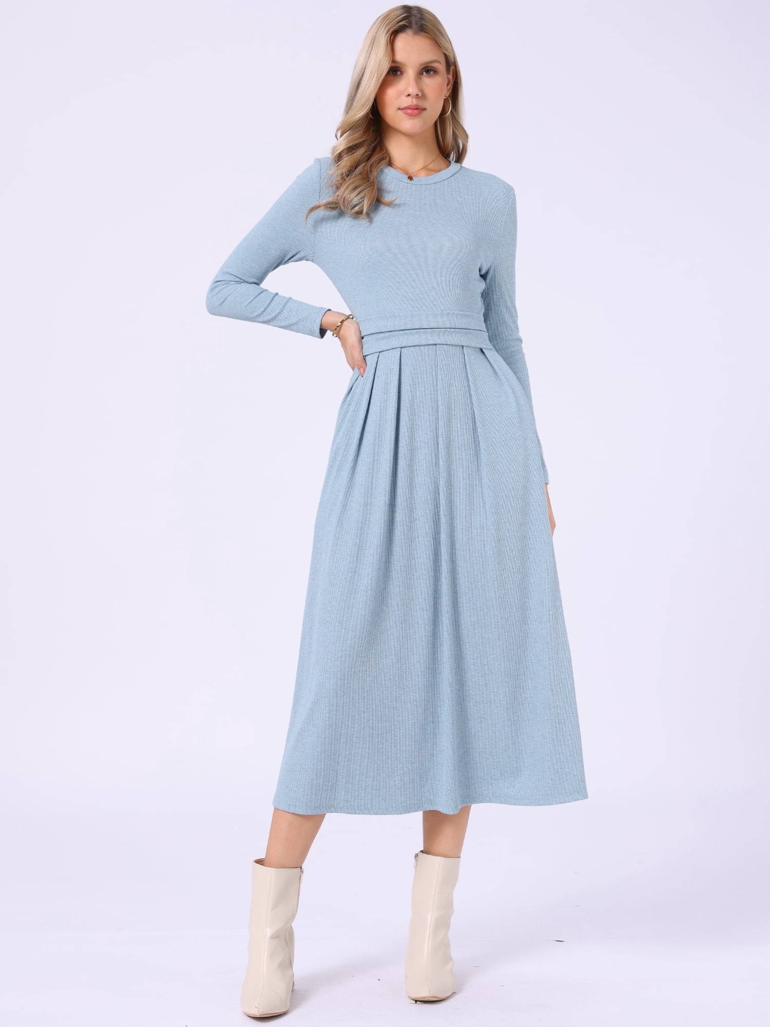 DARING DIVA Women's Long Sleeve Maxi Casual Formal Spring A-Line Dress L Light Blue