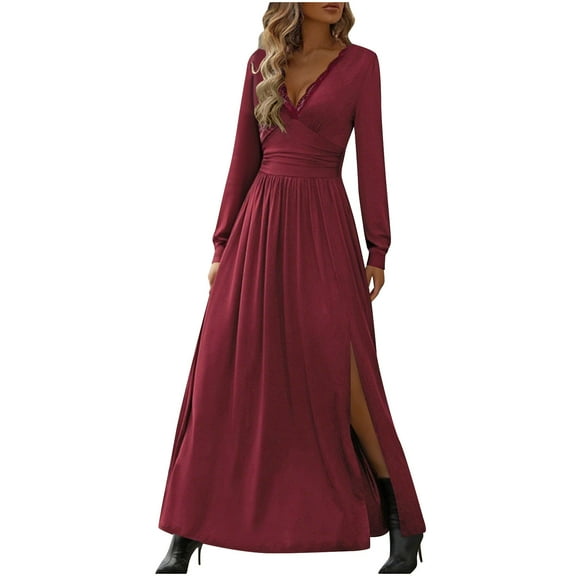 Enjoytime Maxi Dresses for Women 2025 Solid Color Long Sleeve V-Neck Slit Slim Party Dress Casual Fall Winter Dresses Wine M