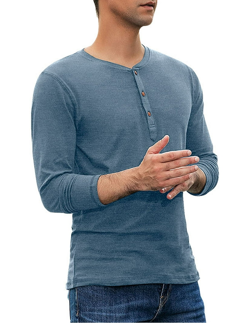 JWD Mens Henley Long Sleeve T-Shirt, Cotton Blend, Slim Fit, Blue