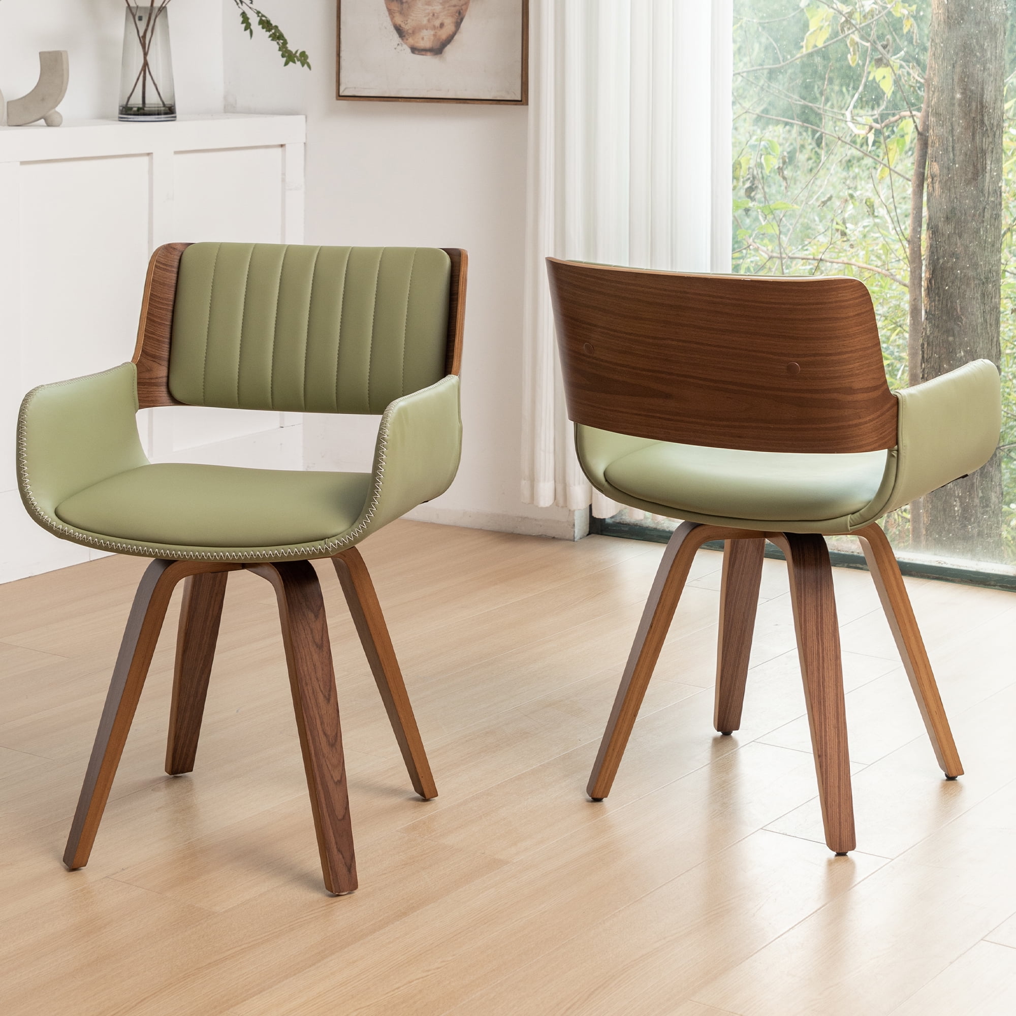 FOWEOAIU Modern Dining Chairs,Leather Upholstered Walnut Wood With rotation Kitchen Dining Chairs , Green (Set of 2)