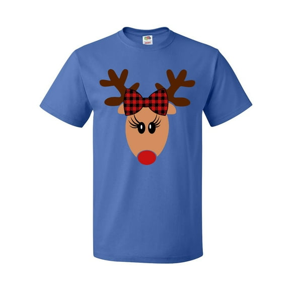 Inktastic Cute Girl Reindeer with Buffalo Plaid Bow T-Shirt