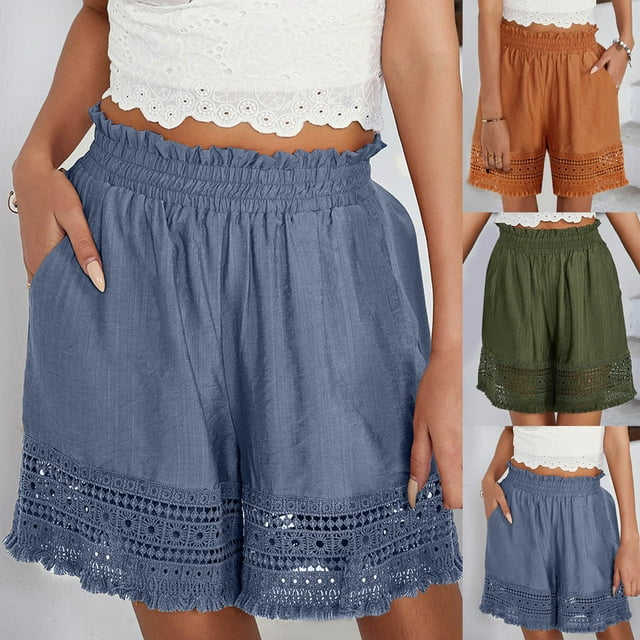 Tidyack,Wide Leg Lace Splicing Pants, Loose Hollow Short Design, Solid Color, Large Size Women's, Comfortable Casual Wear, For Daily Use, 100% Polyester, Stretchy Fit, Office Travel Fashion.