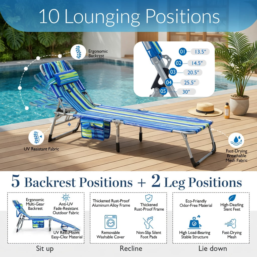 Hommoo Premium Foldable Beach Lounge Chair with Removable Pillow, Adjustable Reclining Outdoor Lounger for Beach, Pool & Patio, Blue