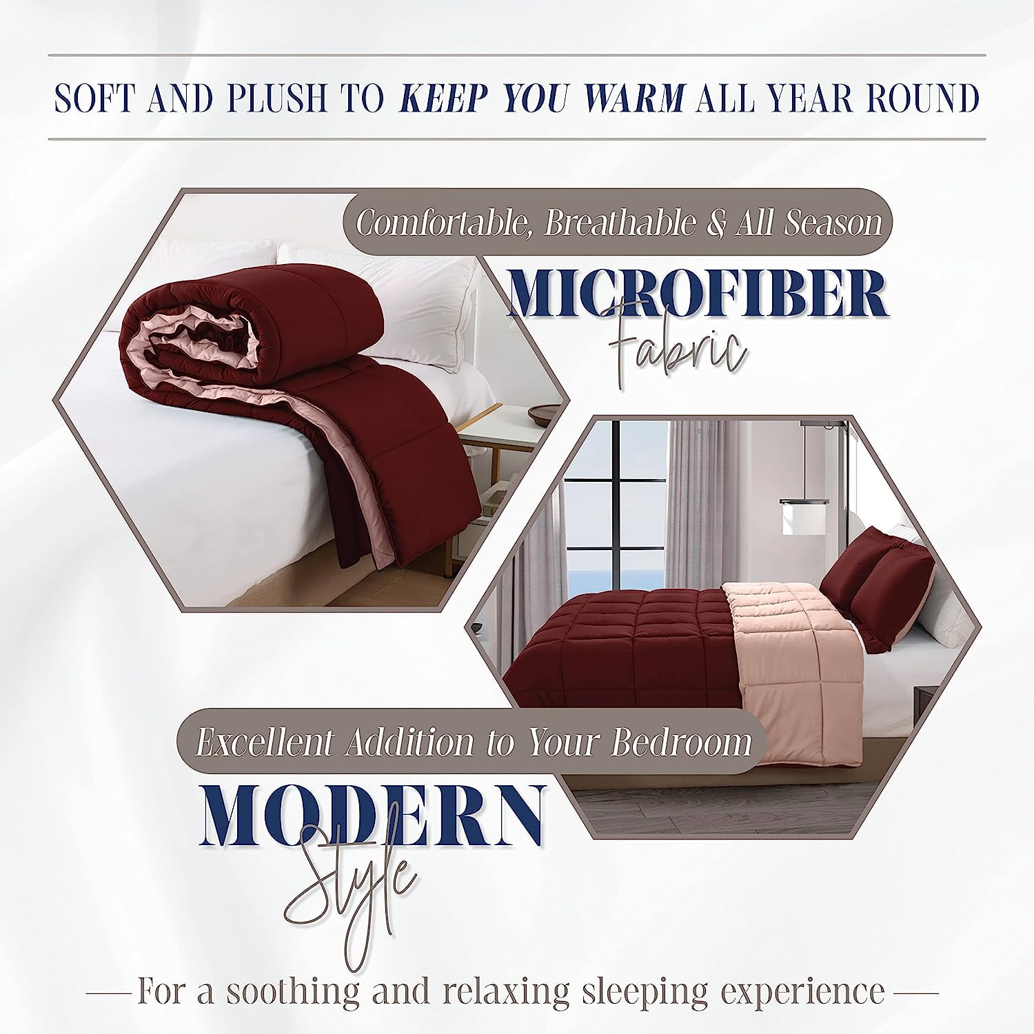 Mocassi Reversible 3-Piece Comforter Set with Matching Shams, Two Colors in One for Ultimate Versatility and Style, Twin/TwinXL, Burgundy/Dusty