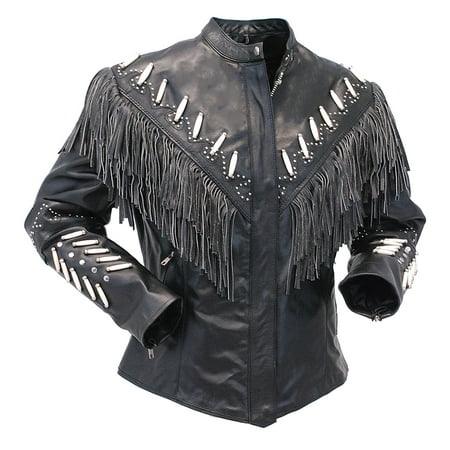 Studded Fringe Jacket - Genuine Bone Studded Fringe Leather Jacket #L1615FBK