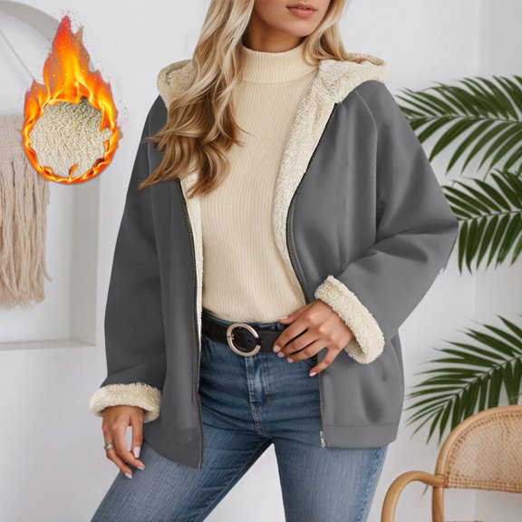 ZHOGXU Women's Hooded Coat Long Sleeve Solid Color Zipper Plush Comfortable Loose Fit Jacket For Casual Daily Wear Grey S