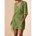 thumbnail image 3 of Green Linen V-Neck Wrap Mini Dress With Side Tie, Casual Summer Style, 3 of 8