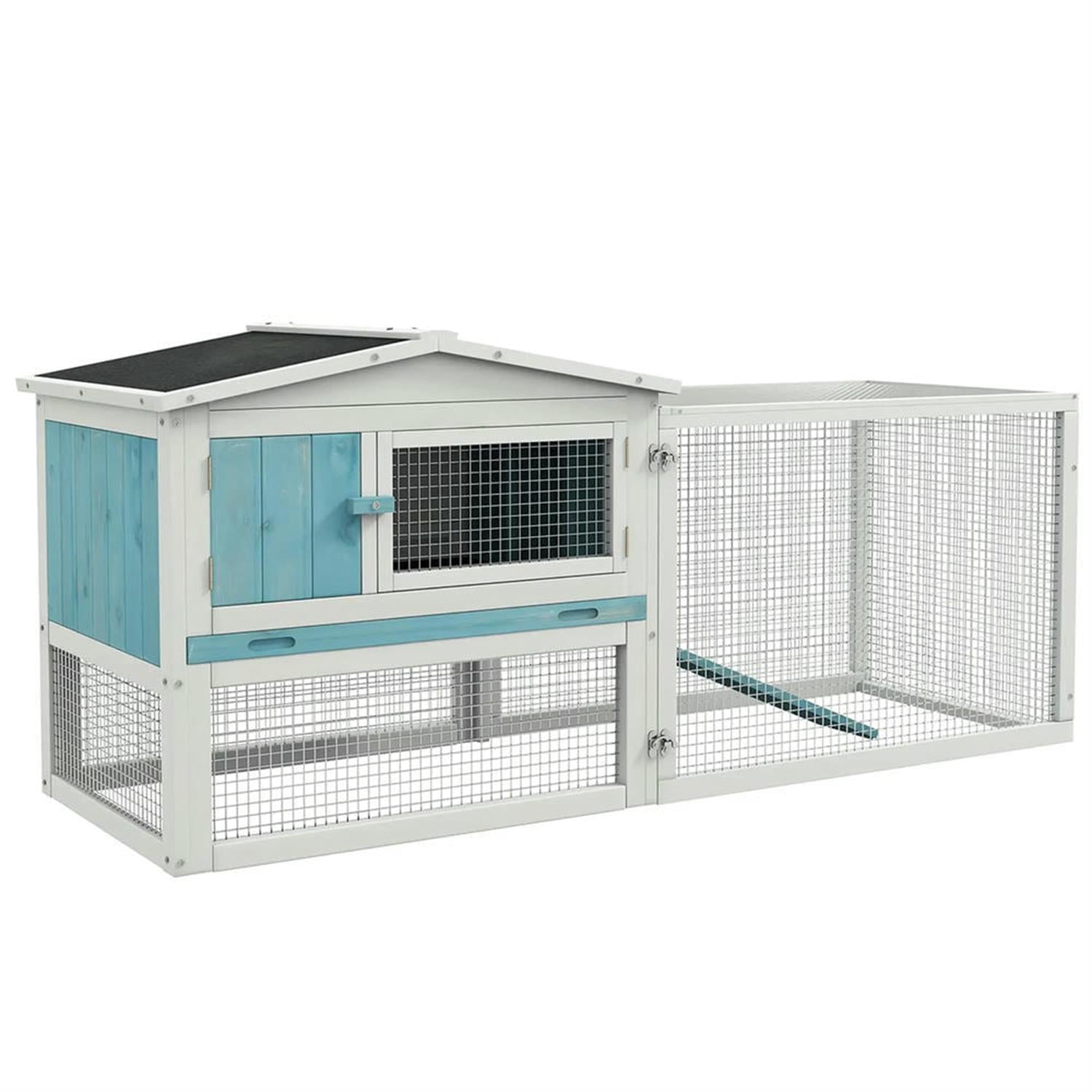 Kadyn 61" 2-Story Wooden Rabbit Hutch with Slide-out Tray, Outdoor Small Animal Habitat Enclosure Bunny Cage for Bunnies, Guinea Pigs, Blue