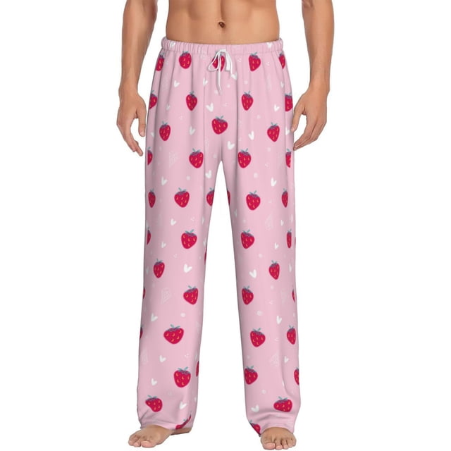 Kdxio Strawberry And Heart Pattern Men's Pajama Pants, Elastic Waist with Drawstring and Pockets, Comfortable Loungewear-Large
