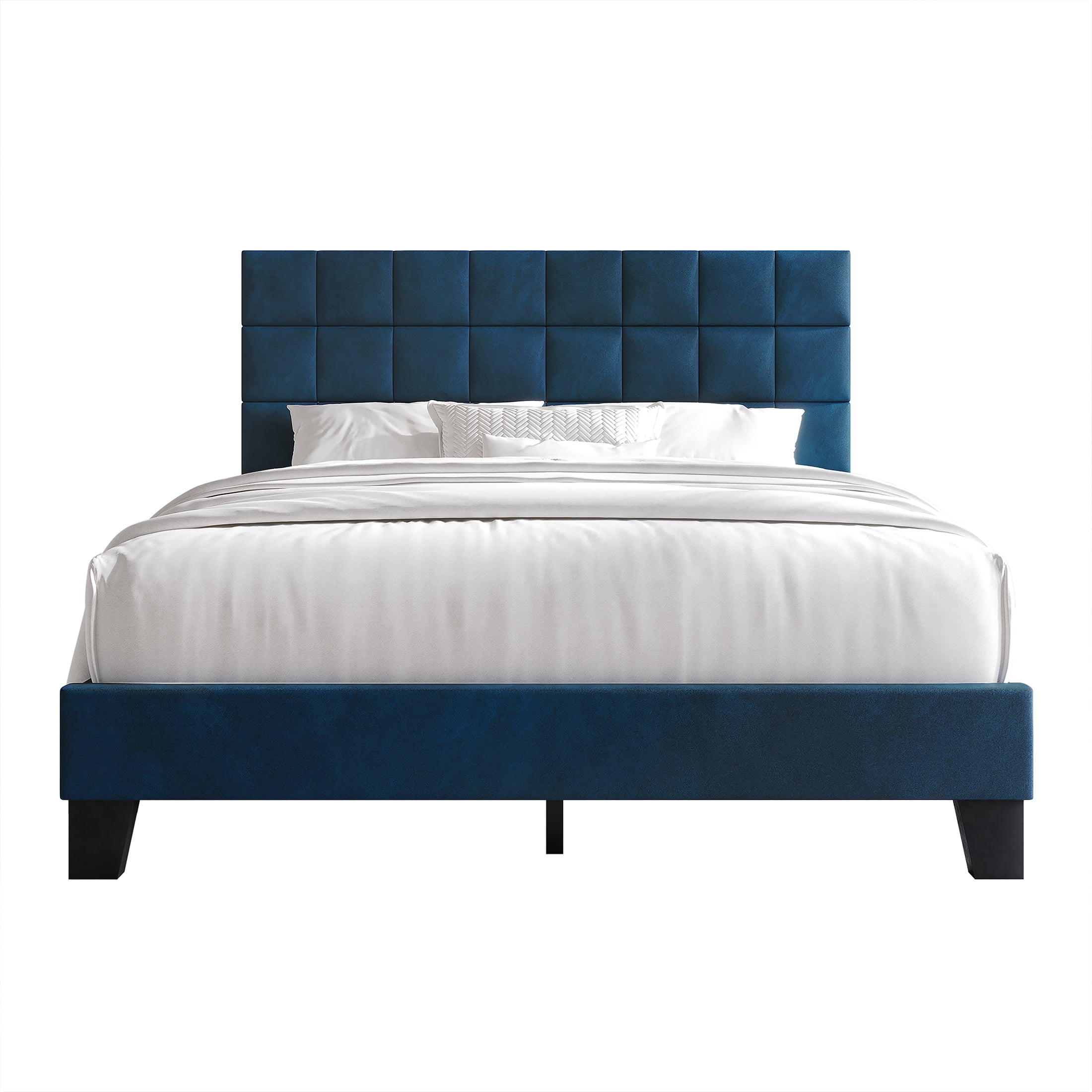 Castle Place Elegant Velvet Upholstered Queen Platform Bed, Navy Blue