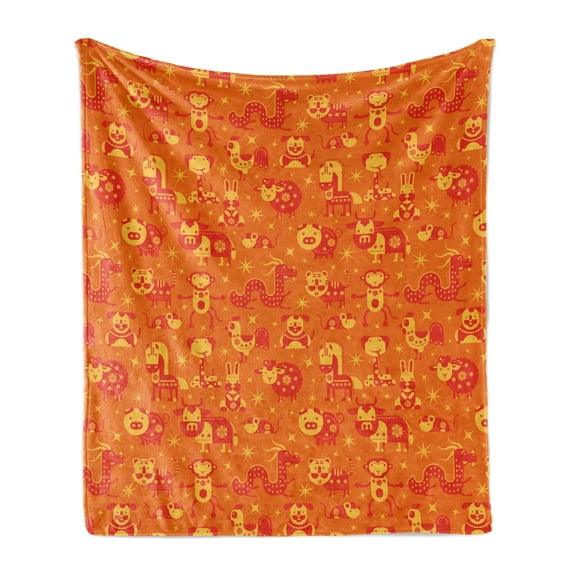 Chinese New Year Soft Flannel Fleece Blanket, Repetitive Horoscope Astrological Dragon Rabbit Childish Like, Cozy Plush for Indoor and Outdoor Use, 70" x 90", Vermilion Pale Orange, by Ambesonne
