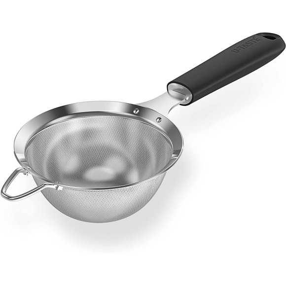 18/8 Stainless Steel Mesh Strainer: U-Taste 3.9 Inch Kitchen Fine Mesh Sieve Food Colander with Riveted Sturdy Silicone Handle and 30 Mesh Hole for Straining Flour, Pasta, Fruit, Quinoa (Black)