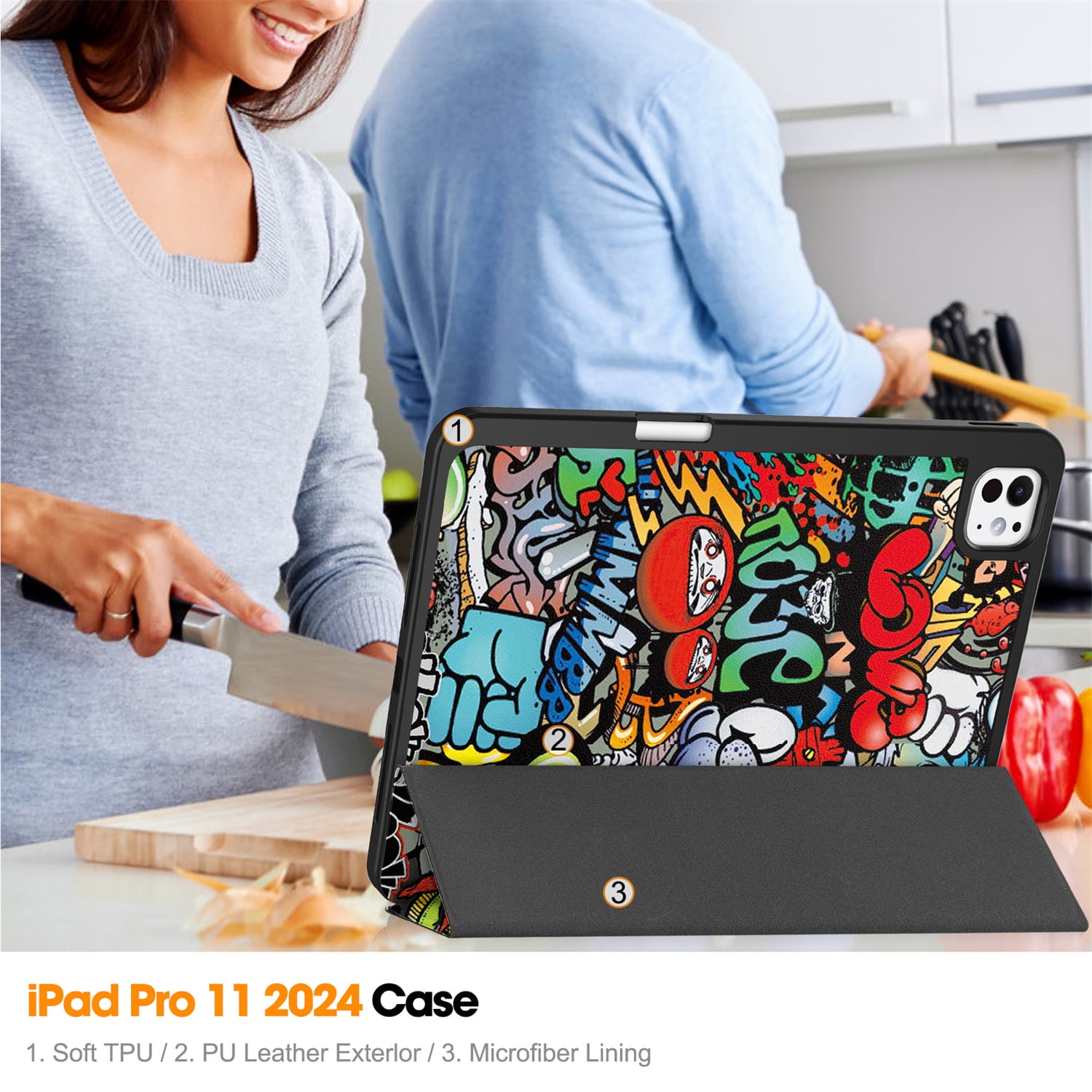 SaniMore for Apple iPad Pro 11 (2024) Case, Auto Sleep/Wake, PU Leather Case with Tri-Fold Kickstand & Pencil Holder Shockproof Protective Cover for Women Men, Graffiti