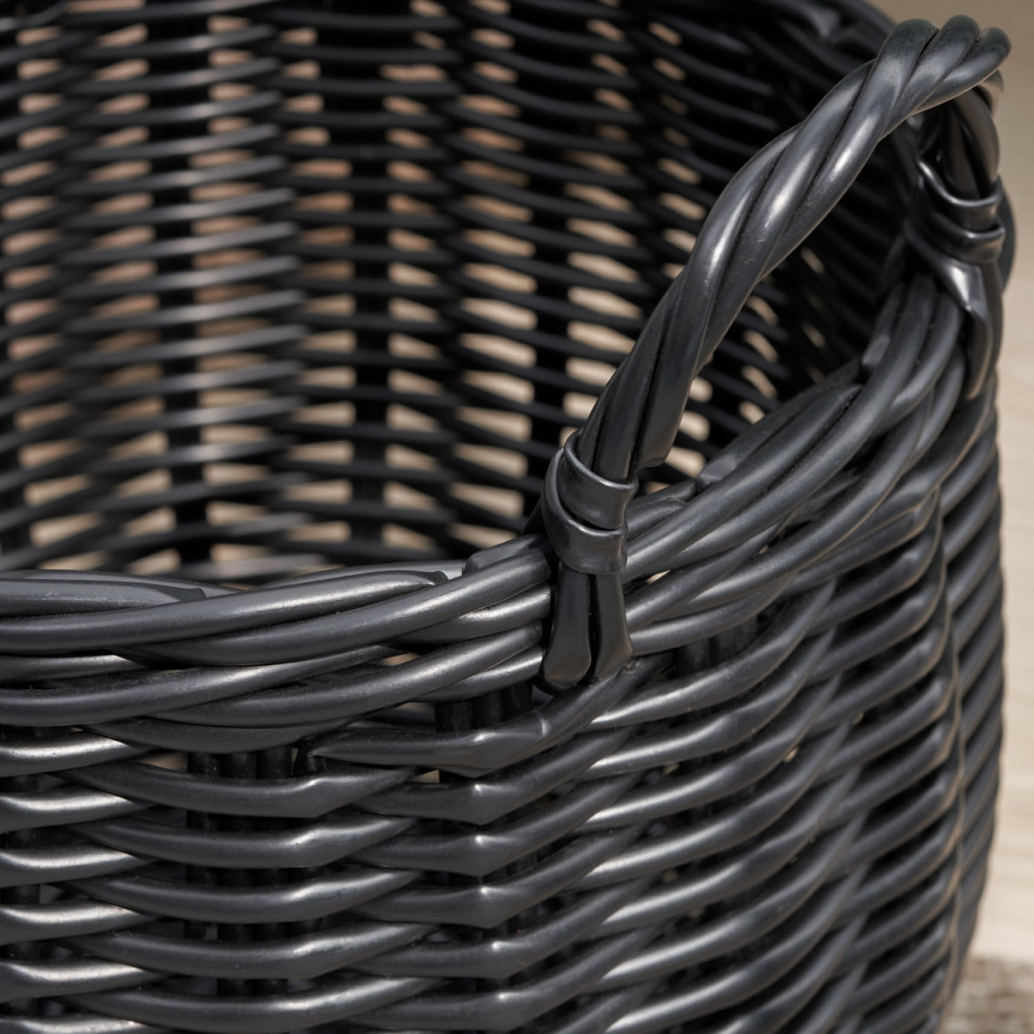 FENGFAN 13" Round Resin Wicker Storage Basket with Handles Black Home Organizer 1 Pack