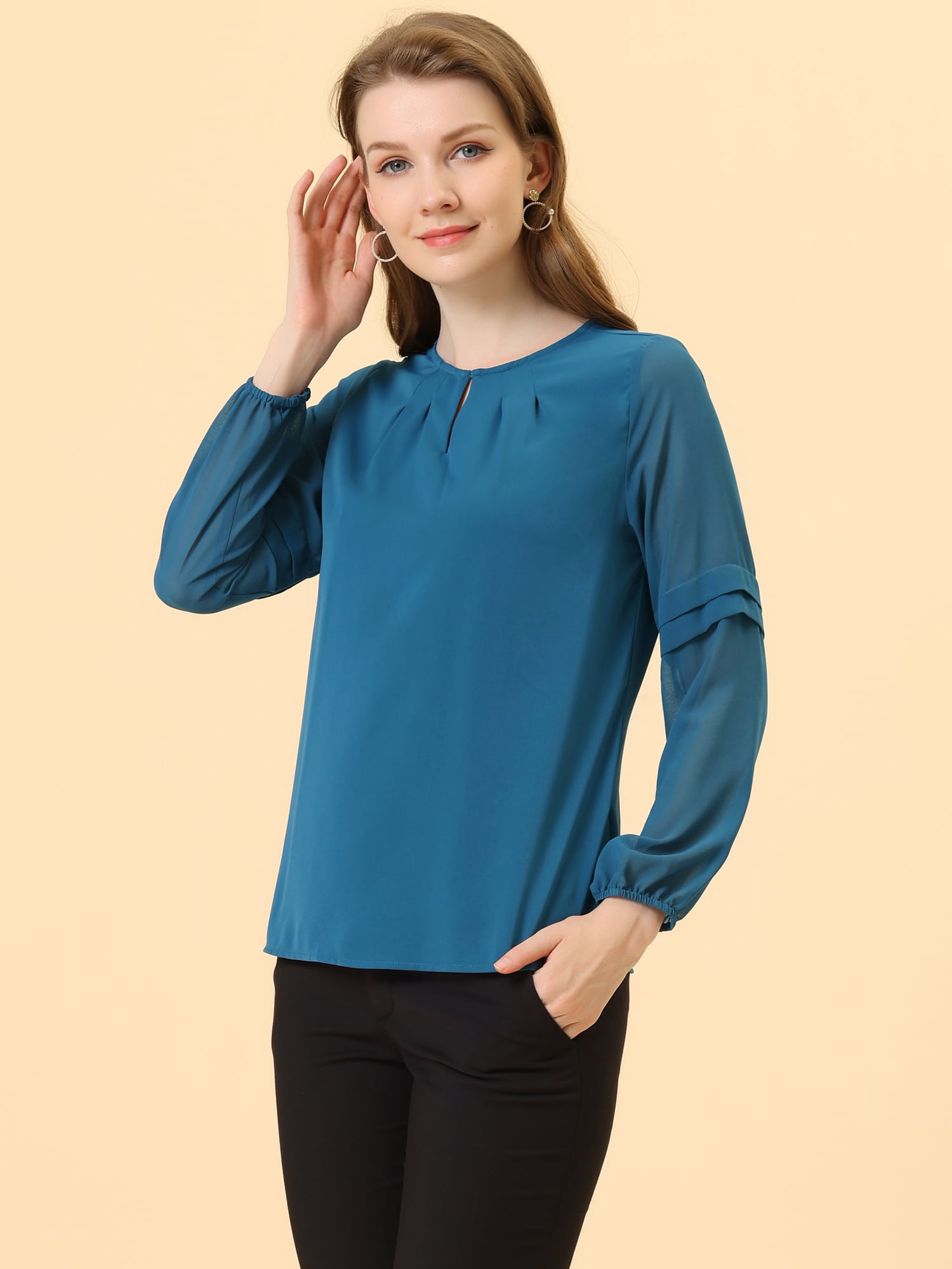 DARING DIVA Chiffon Semi Sheer Long Sleeves Keyhole Neck Blouse XL Lake Blue