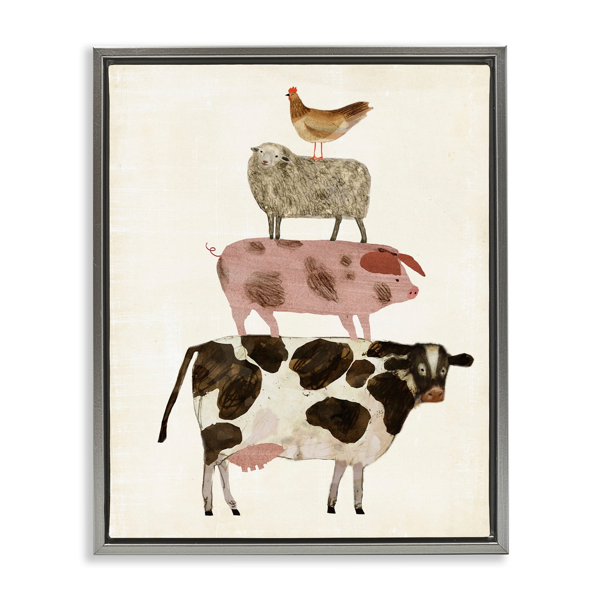 Stupell Industries Cow Sheep Pig and Chicken Barnyard Buds Stacked Farm Animals Luster Gray Framed Floating Canvas Wall Art, 16x20, by Victoria Borges