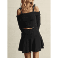 thumbnail image 2 of KelaJuan Women Knit Skirt Set, Long Sleeve Off-shoulder Tie-up Crop Top with High Waist Mini Skirt Clubwear Fall Outfit, 2 of 6