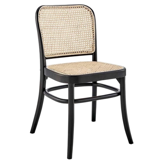 Maklaine 18.5" Wood & Rattan Dining Side Chair in Black & Natural