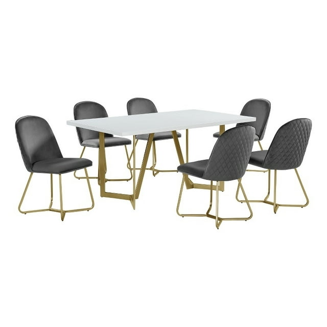 7pc White Wood Top Dining Set with Gray Velvet Chairs and Gold Base