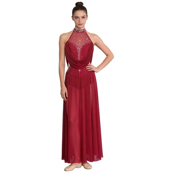 YiZYiF Women's Rhinestones Lyrical Dance Dress Halter Sleeveless Split Maxi Dress Contemporary Dancewear Burgundy XXL