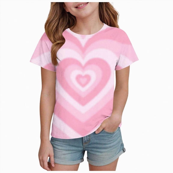 Quealent Girls Tie T Shirts Toddler Hearted Print Short Sleeve Round Neck Tops Summer Casual Fashion Streetwear T-Shirts (Light Pink, 6-7 Years)