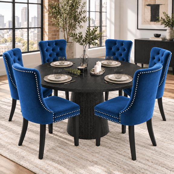 Round Farmhouse Dining Table Set for 6, 47" Circle Black Wooden Kitchen Table with 6 Velvet Upholstered Dining Chairs, Wooden Table Set for Dinner Table for Kitchen and Dining Room