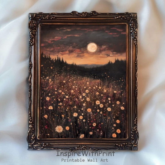 Dark Wildflower Field Print, Rustic Cottage Core Art Printable Dark Floral Botanical Print, Boho Moon Wall Art, Moody Night Landscape Print, Size 8x12 UNFFRAMED