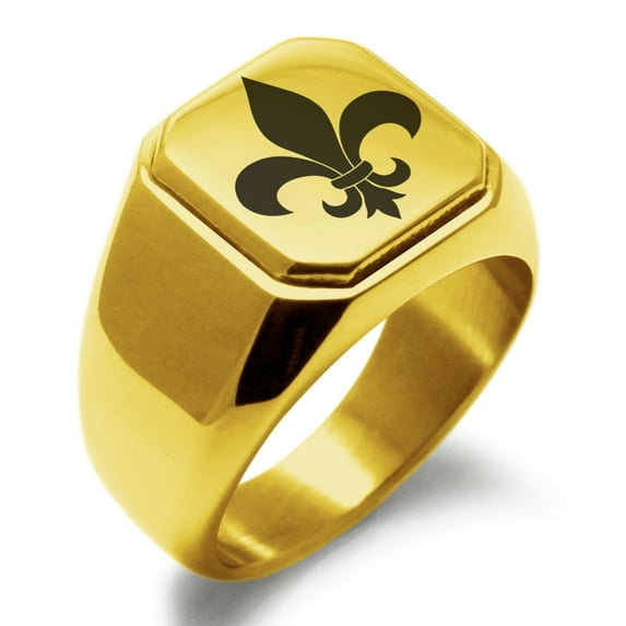 Stainless Steel Fleur De Lis Engraved Square Flat Top Biker Style Polished Signet Ring